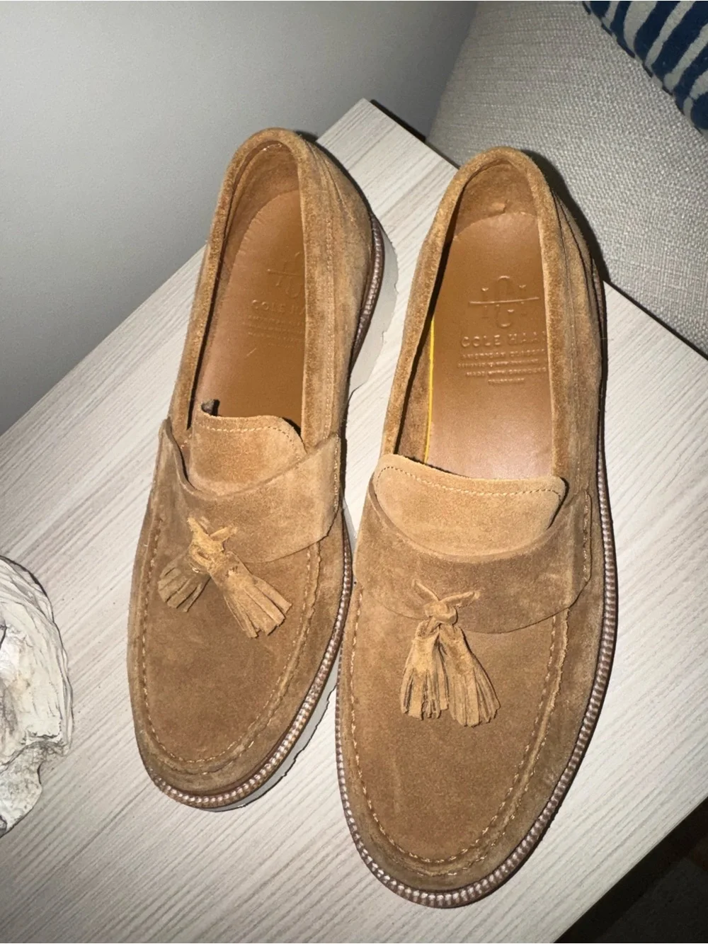 Cole Haan Tan Suede Tassel Loafers with White Lug Sole